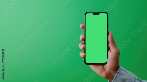hand holding smartphone showing green screen mobile app advertisement and excited
