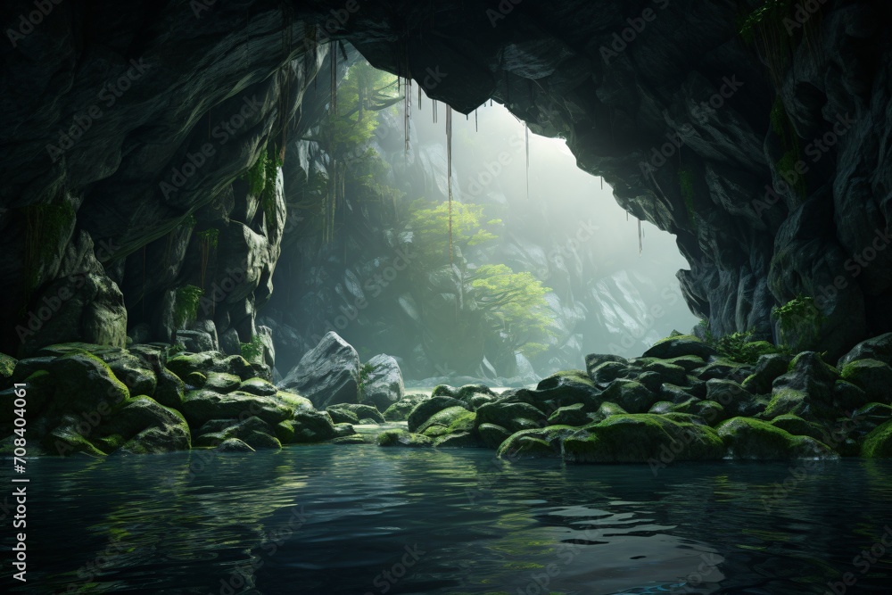 A beautiful cave with green trees on a tropical island - obrazy, fototapety, plakaty 