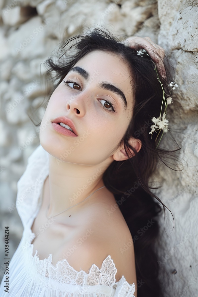 Cinematic high-angle portrait photography of a beautiful brunette woman in a white dress, posing against a stone wall. Cinematic high-angle portrait photography of a beautiful brunette woman in a white dress, posing against a stone wall.