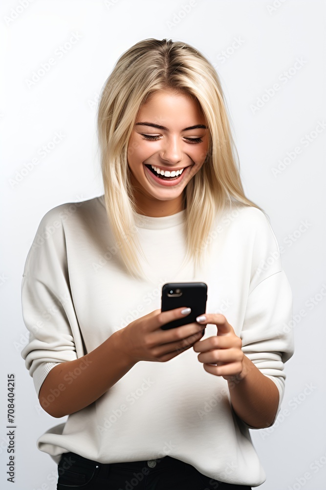 A blonde woman laughing while watching her phone. A blonde woman laughing while watching her phone.