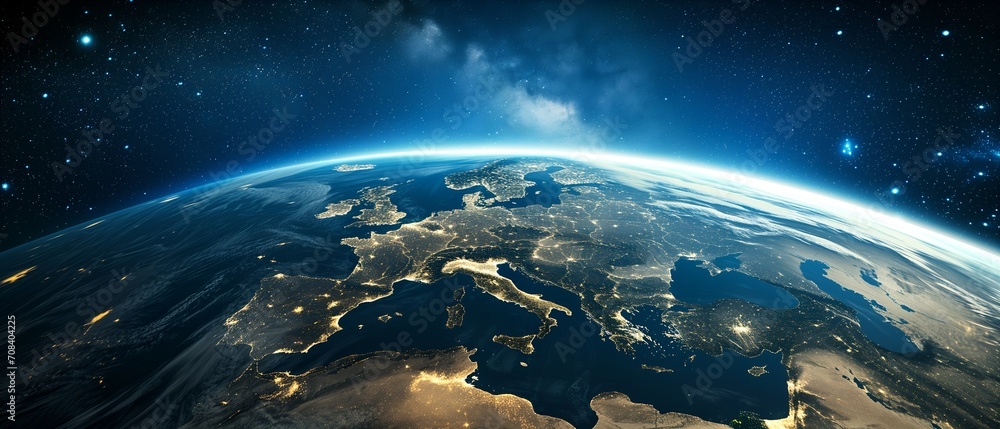 Obraz premium Realistic photo taken from space of planet Earth showing the continent of Europe, with stars in the background
