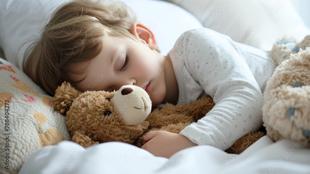 A cute child sleeping with his teddy bear A cute child sleeping with his teddy bear