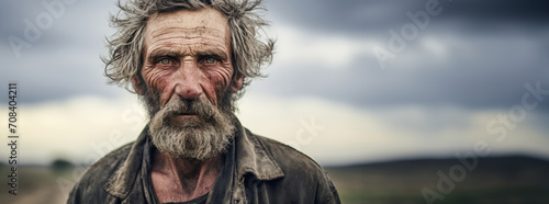 Portrait of an old man of a tired working farmer in dirty work clothes against a blurred background of a field and farmland. Rural life. Strength of spirit and diligence