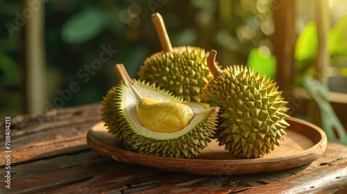 Long Laplae Durian on wood plate,It is the most expensive and most delicious of all durians photo