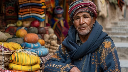 An old Amazigh Berber man posing smilingly in the market selling goods photo