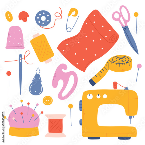 Set of sewing tools. Hand drawn collection of sewing elements. Sewing machine, needle, scissors, thread. Vector illustration isolated on white background.