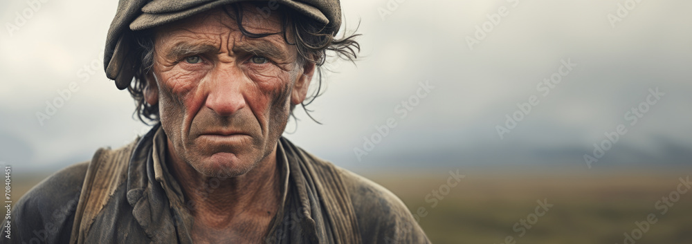 Portrait Close-up of farmer man in field with a firm and confident expression of his face, speaking of diligence, fortitude, against blurred background. Endurance and perseverance. Banner. Copy space