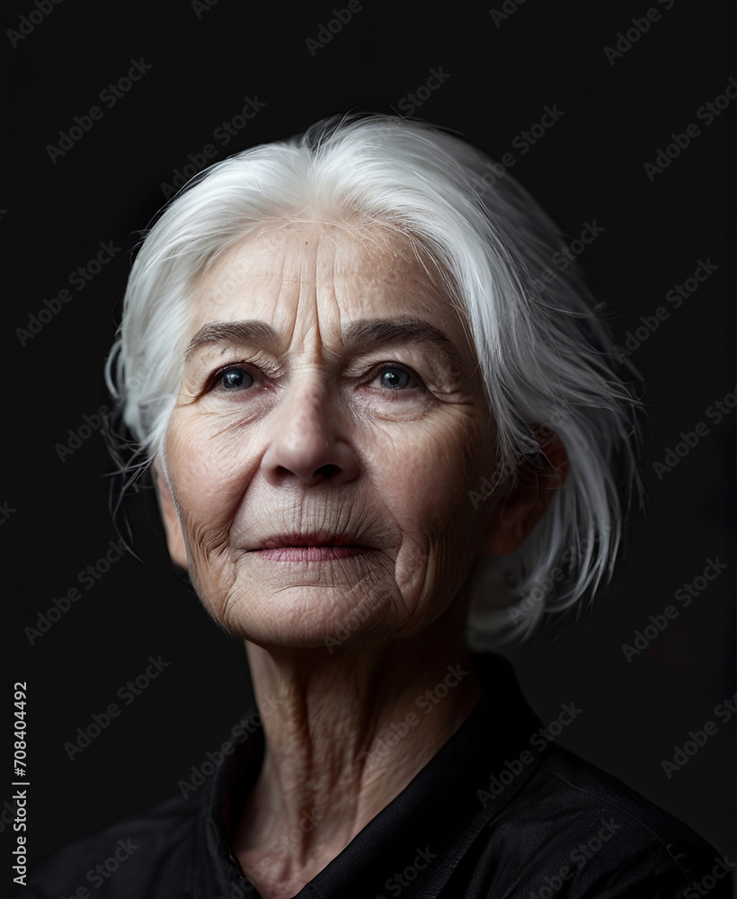 Obraz premium face of an old woman with wrinkles on her face and white hair. White hair. Isolated black background.