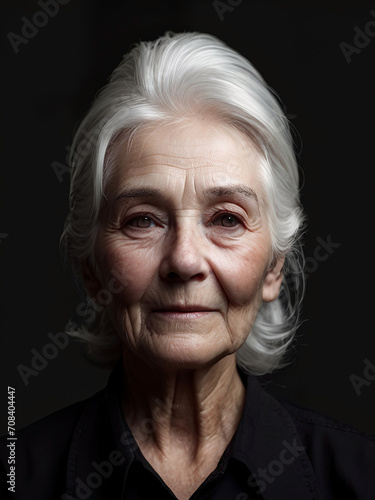 The face of an old woman with white hair. Wrinkles on the face. White hair. Isolated black background. © Thachakrit