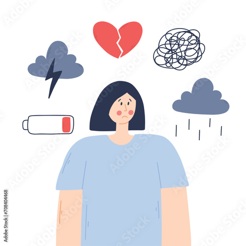 Depressed woman with confused thoughts in her head. Young sad girl in depression. Vector illustration.