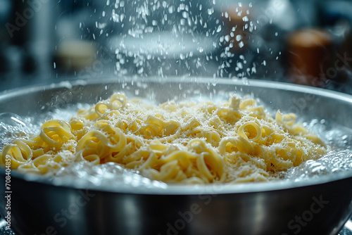 A portrayal of a pasta whirlpool in a large cooking pot, with steam rising to form interesting shapes.
