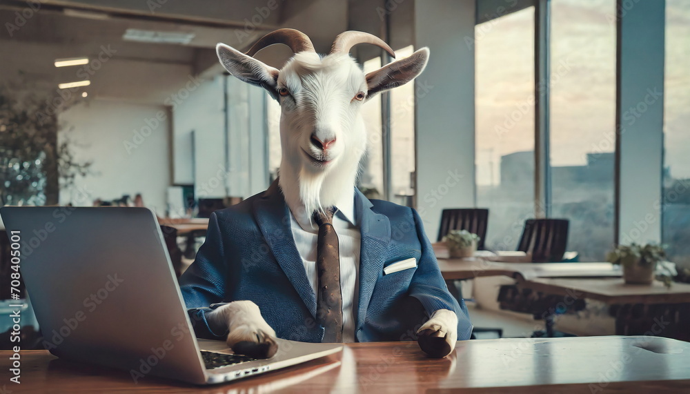 White goat wearing business suit sits at its desk in office with laptop - obrazy, fototapety, plakaty 
