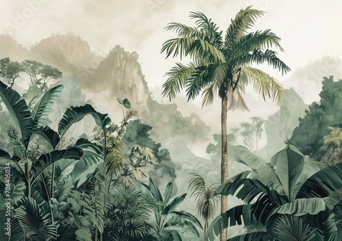 Watercolor pattern wallpaper. Painting of a jungle landscape. photo