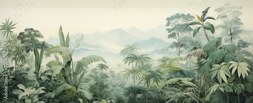 Watercolor pattern wallpaper. Painting of a jungle landscape. #708405231