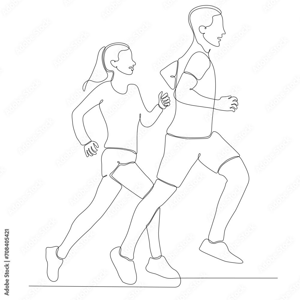 continuous line drawing of men and women by the morning vector illustration