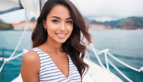 young adult woman, tanned skin tone, hispanic latina relaxing on yacht