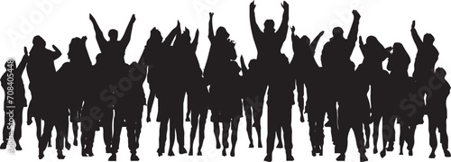 vector silhouette of a crowd of people watching a music concert in front of the stage with cheering and waving hands, suitable for poster, banner or advertising elements for concerts and parties