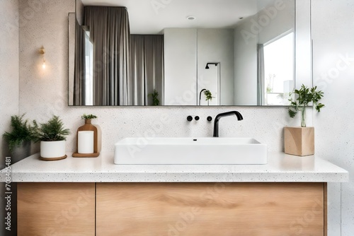 Stylish bathroom interior with shower , sink , mirror.