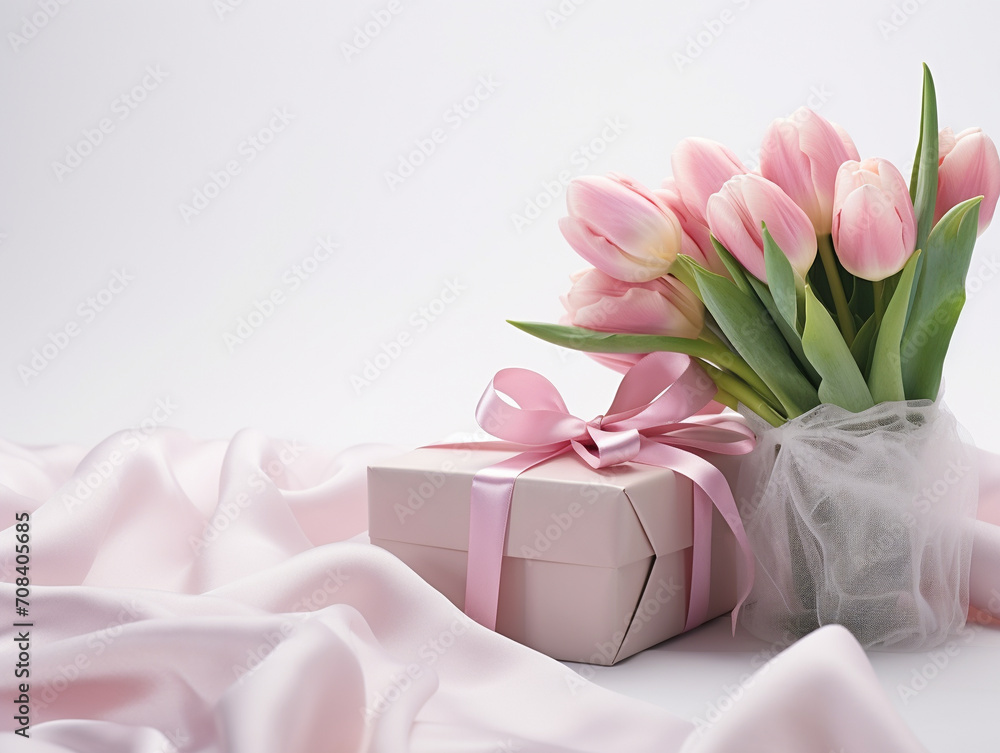 Gift and delicate tulips with silk ribbons in pink style.