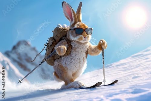 Cool Easter bunny with sunglasses skiing in the mountains. in winter.