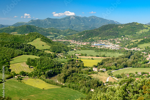 Panoramic view of the Candigliano valley with the town Acqualagna and the mount Nerone in the background, in the Pesaro-Urbino province in central Italy