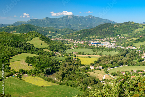 Panoramic view of the Candigliano valley with the town Acqualagna and the mount Nerone in the background, in the Pesaro-Urbino province in central Italy photo