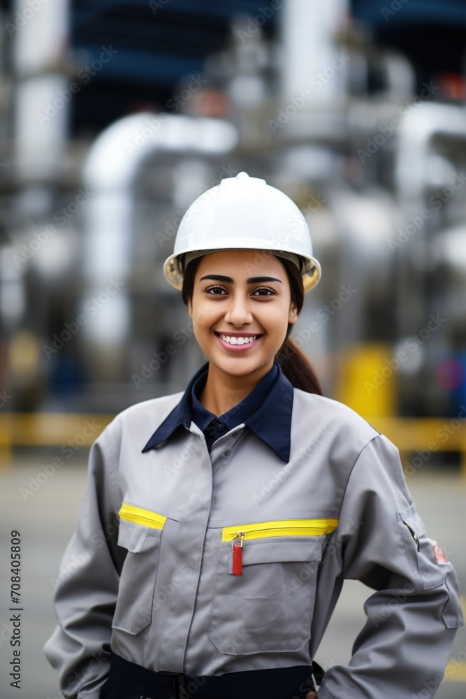 Smiling female chemical engineer wearing hardhat at industrial plant Smiling female chemical engineer wearing hardhat at industrial plant
