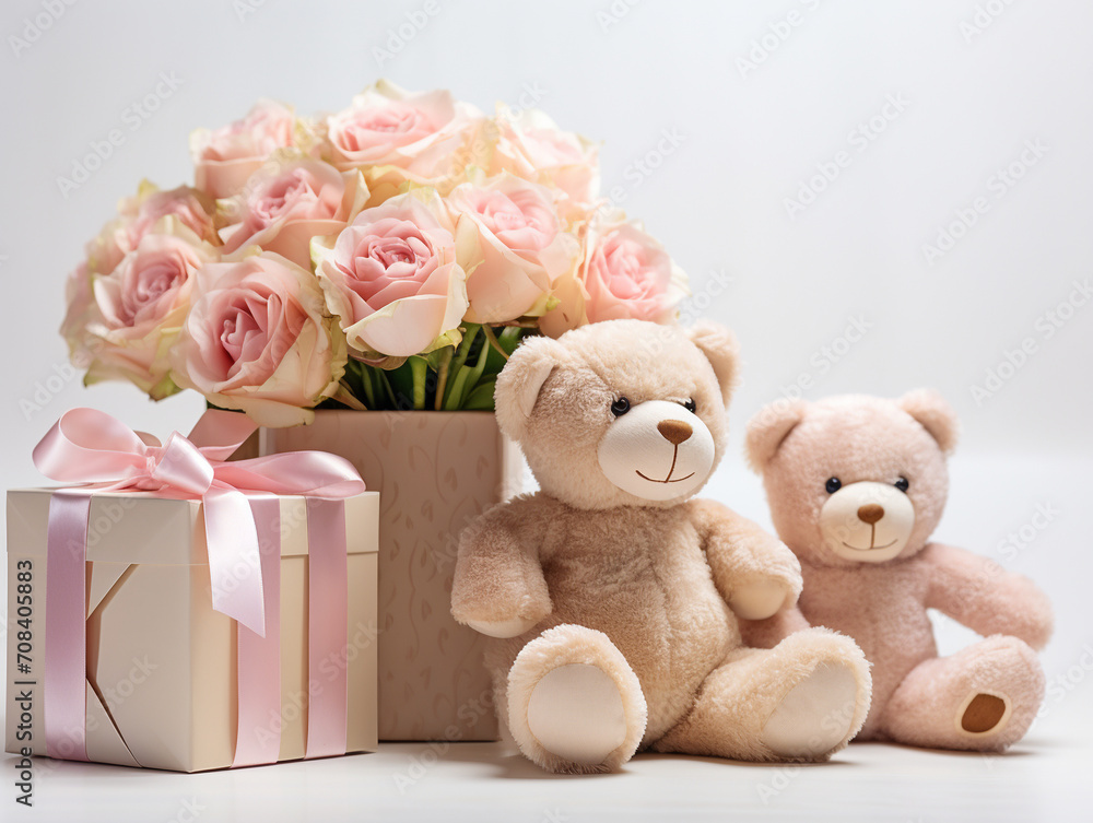 Toy bear with gift and Bouquet of delicate roses with silk ribbons