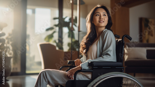 Asian Girl with disability Disabled person on a wheel chair in a living room photo