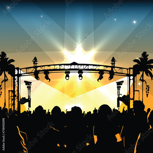 vector silhouette of a crowd of people watching a music concert in front of the stage with cheering and waving hands, suitable for poster, banner or advertising elements for concerts and parties