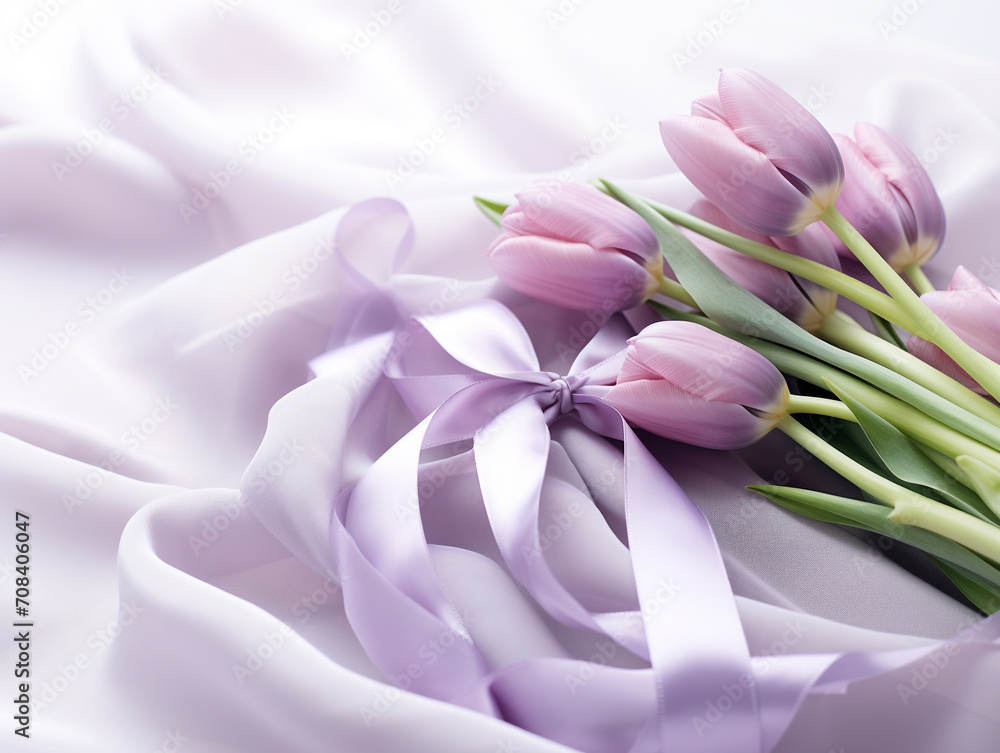 Gift and delicate tulips with silk ribbons in purple tone