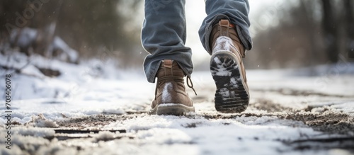 A well-captured image of a person wearing snowboots walking in the snow. photo
