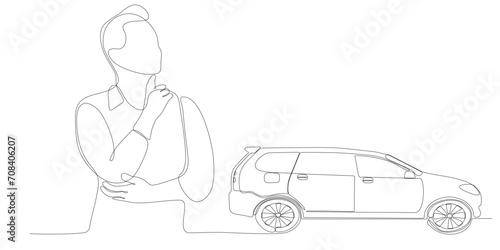 continuous line of men thinking about wanting to buy a car
