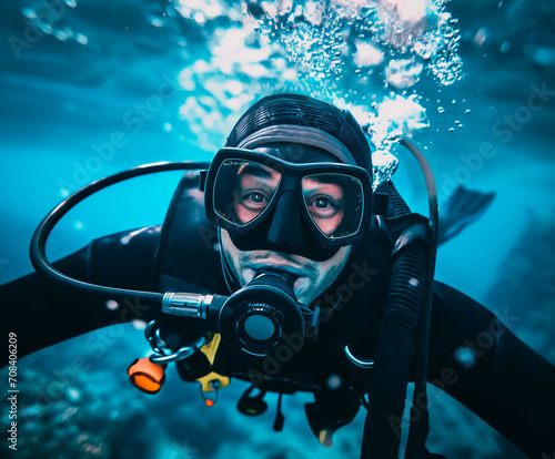 Scuba diver selfie underwater with diving gear, exploration theme. 