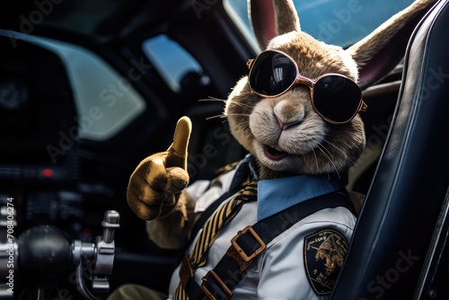 Cool Easter bunny as a pilot pointing thumbs up. © Simon