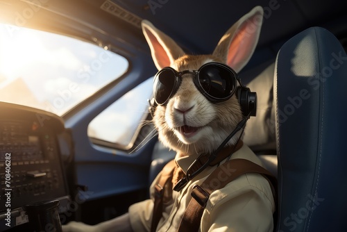 Cool Easter bunny as a pilot in the cockpit.