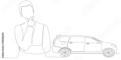 continuous line of men thinking about wanting to buy a car