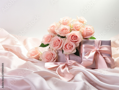 Gift and Bouquet of delicate roses with silk ribbons