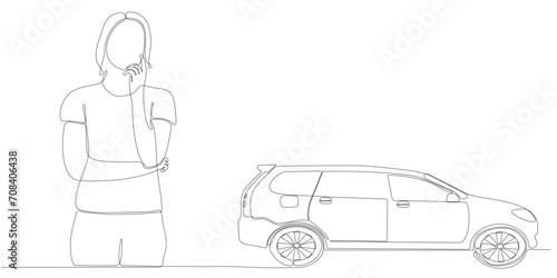 
continuous line of women thinking about wanting to buy a car
