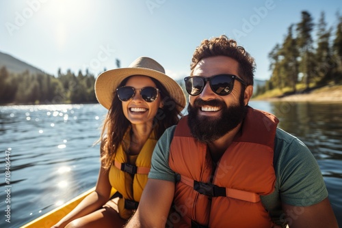 happy couple on a boat in a lake