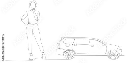 
continuous line of women thinking about wanting to buy a car
