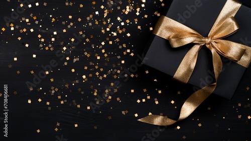 Elegant Celebration: Top View Photo of Black Giftbox with Satin Ribbon Bow and Shiny Sequins on Isolated Background – Perfect for Birthdays, Holidays, and Special Occasions © Spear
