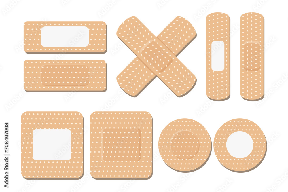 A set of medical bandages of various shapes. Various forms of adhesive tape for first aid. Medical icons. Vector A set of medical bandages of various shapes. Various forms of adhesive tape for first aid. Medical icons. Vector