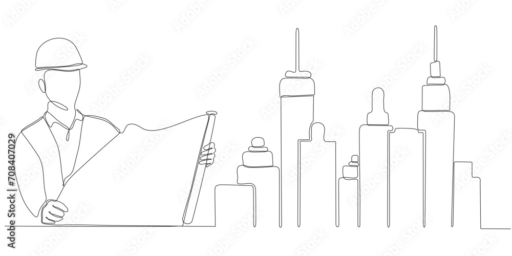 continuous line art of architect constructing building continuous line art of architect constructing building