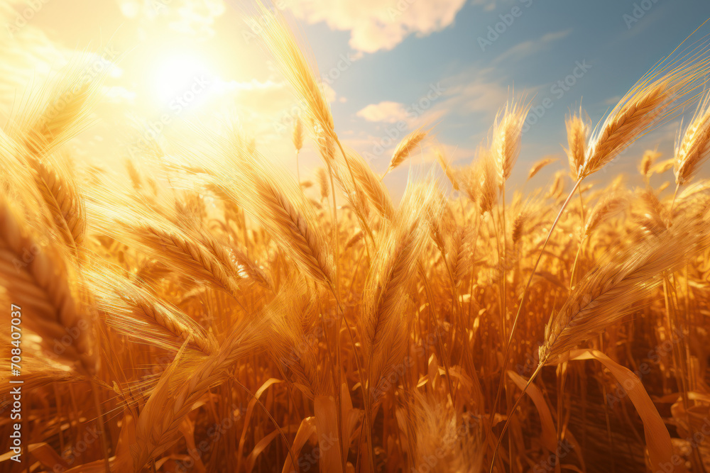 Endless golden waves of wheat swaying in the breeze, creating a mesmerizing sea of amber. Concept of abundant harvest and agricultural beauty. Generative Ai.