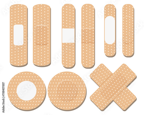 A set of medical bandages of various shapes. Various forms of adhesive tape for first aid. Medical icons. Vector