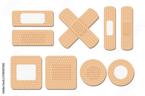 A set of medical bandages of various shapes. Various forms of adhesive tape for first aid. Medical icons. Vector