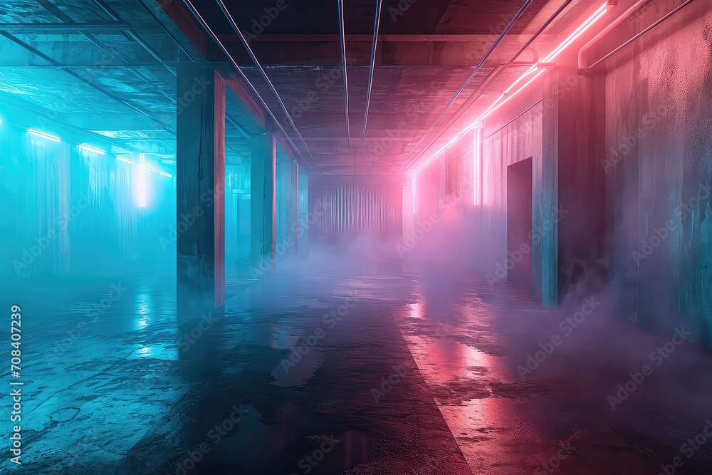 Abandoned empty corridor with concrete walls and columns and fog. Pink neon lights illuminate the building.