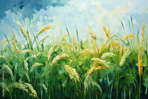 A patchwork quilt of oat fields  each stage of growth captured in a mosaic of green hues. Concept of the evolving seasons in agriculture. Generative Ai.