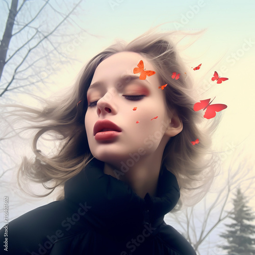 Girl on the background of beginning spring. early spring